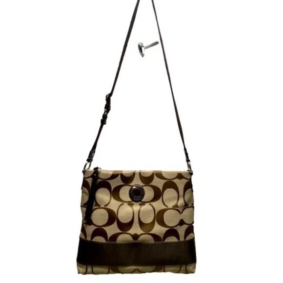 Coach Signature Stripe Crossbody Shoulder Bag F19220 Brown/Tan Classic Jaquard - Picture 1 of 15